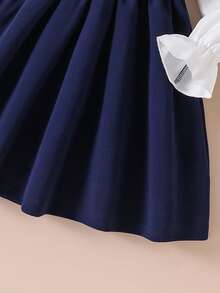 Elladie kids 少女珍珠点缀领口红白中长连衣裙，甜美优雅风格，适合派对、日常穿着、春秋季及圣诞节等场合。 - 藏蓝色 - 查看 3