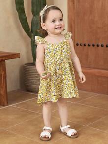 SHEIN 女婴短袖碎花荷叶边下摆可爱田园风连衣裙，夏季 - 彩色 - 查看 6