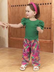 SHEIN 女婴夏季可爱度假针织绿色T恤花卉图案裤子套装 - 彩色 - 查看 5