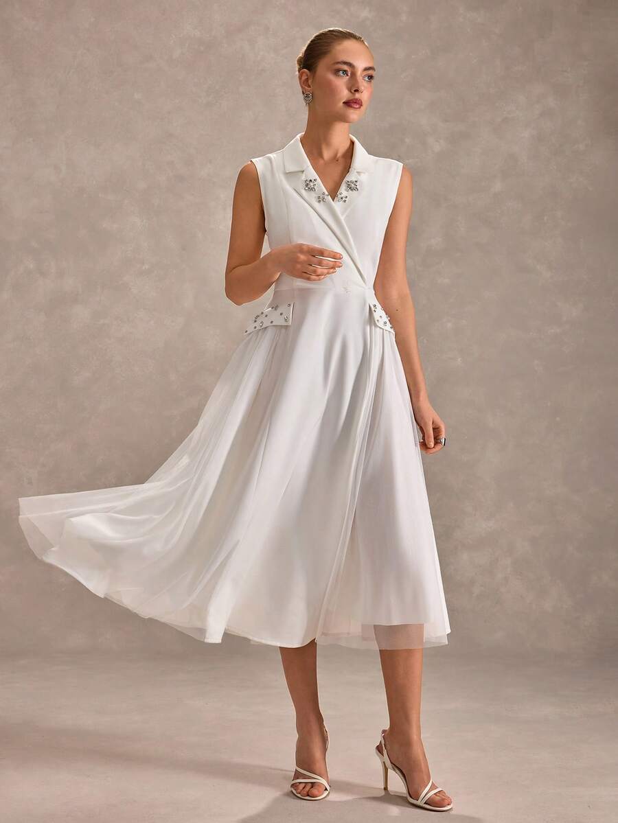 CLARA VERO Women's Rhinestone Embellished Lapel Dress - White - View 1