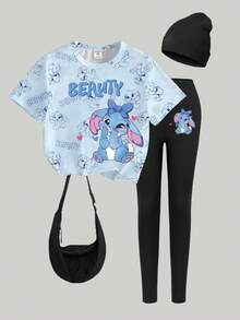 2pcs/Set Girls Casual Chic Creative Personalized Fresh Minimalist Cartoon Rabbit Bow Heart Teddy Bear Face Tie-Dye Letter Graphic Print T-Shirt And Pants Suit, Comfortable Daily Wear, Suitable For Spring, Summer, Autumn
