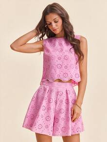 Vivid Eden Bộ đồ nữ 2 món phong cách thường ngày thanh lịch lãng mạn, chất liệu jacquard, màu hồng. - Hồng - Xem 12