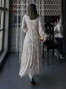 DAZY 优雅纹理长袖中长连衣裙，适合春夏穿着，可作婚礼、派对、正式场合的吊带裙。 - 杏色 - 查看 2