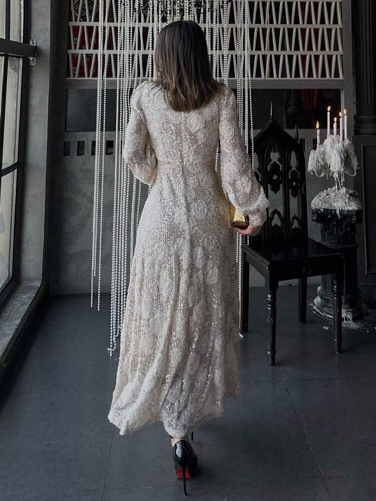 Elegant Textured Long Sleeve Midi Dress For Women, Suitable For Spring/Summer, Weddings, Parties, Formal Events Sundress