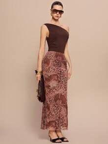 Leighera Chân váy mini ôm sát xẻ tà bằng vải lưới in họa tiết da báo và hoa dành cho nữ. - Cà phê nâu - Xem 2