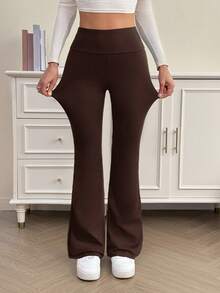 SHEIN Tall 女士高腰显瘦纯黑色休闲裤，适合夏秋季节穿着，高级加长款 - 咖啡棕 - 查看 5