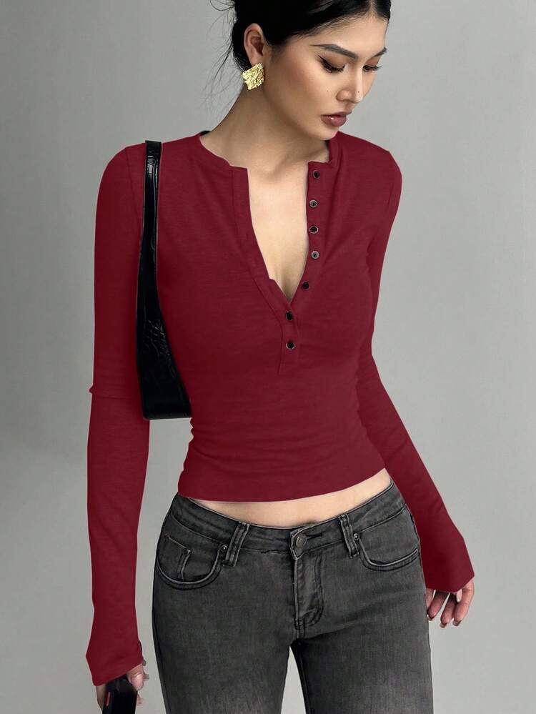 Women's Solid Color Half-Zip Long Sleeve Bodycon T-Shirt Y2k
