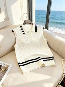 GlowEve Elegant Sleeveless Polo Neck Cable Knit Vest For Women, Spring/Summer - Apricot - View 5