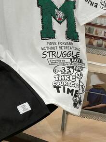 SHEIN 2pcs/Set Teen Boys' Casual Short Sleeve T-Shirt And Shorts Set, Street Punk Rock School Style, Suitable For Spring/Summer, Graffiti Print & Color Block - Multicolor - View 6