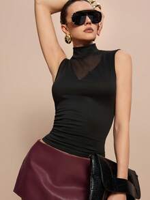 Leighera 优雅高领修身网纱拼接无袖女式背心 - 黑色 - 查看 5