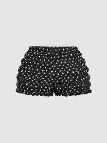 SHEIN MOD 大码女式百搭波点夏季休闲黑白波点蝴蝶结泡泡短裤，秋冬新年造型，西部风，可爱短裤，黑色荷叶边短裤，波点短裤，黑色涤纶波点短裤，褶皱腰部荷叶边下摆宽松休闲风格轻薄面料夏季日常穿着度假休闲女裤 - 黑與白 - 查看 5