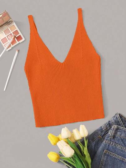 Franclia Women's Casual Everyday Commute Solid Color Knit Top, Summer V Cut Top Ribbed Crop Top Orange Summer Top Orange Top Women Orange Crop Top