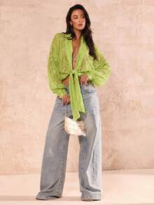 SHEIN Glamour Áo kiểu nữ tay dài ren xuyên thấu màu xanh lá chanh, áo kiểu buộc dây phía trước, kiểu dáng thường ngày cho kỳ nghỉ năm 2026. - màu xanh lá - Xem 5