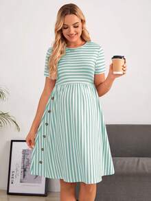 SHEIN Maternity Casual Striped Short Sleeve Dress, Summer - Baby Blue - View 5