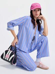 Loungeista 女士宽松舒适透气条纹长袖上衣和裤子两件套家居服，冬季服装 - 霧霾藍 - 查看 9