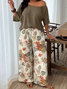 Weeklong Plus Size 2-Piece Set: Solid Color Asymmetrical Shoulder Top & Random Print Casual Pants, Vacation Style Fall - Multicolor - View 5