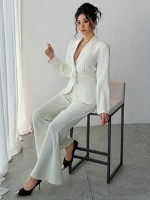 DAZY Bộ vest nữ thanh lịch màu trơn gồm áo blazer xếp ly và quần ống loe, thích hợp cho mùa xuân/hè, váy dự tiệc cưới. - Màu be - Xem 8