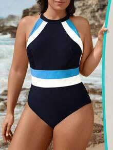 Swim SPRTY 2025新款加大码拼接挂脖连体泳衣，修身款，欧美风格 - 淺藍色 - 查看 5