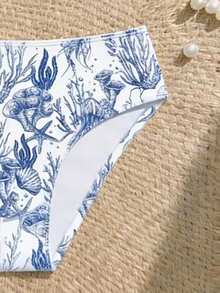 少女比基尼套装，可爱蓝色海星贝壳印花，针织面料，可调节颈带，两件式泳衣，时尚优雅，适合游泳、夏季度假、海滩、泳池、节日派对 - 白色 - 查看 6