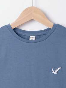 Tween Boys' Casual Versatile Bird Embroidery Short Sleeve T-Shirt, Summer - Dusty Blue - View 3