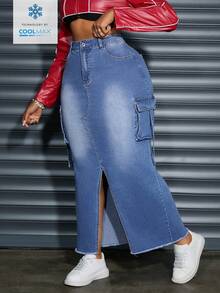 Jeanoix Rok Denim Stretch Pas Badan Kasual Ukuran Besar dengan Warna Washed - Light Wash - View 1