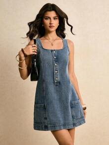 Poéselle 女士休闲无袖牛仔连衣裙，带双口袋，夏季 - 中等水洗藍 - 查看 6