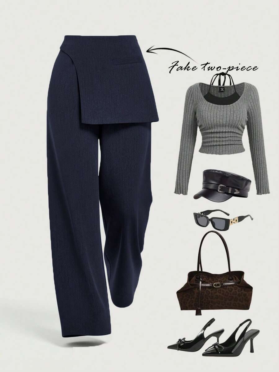 SHEIN MOD Pantalones formales con superposición de color gris oscuro para mujer de talla grande, adecuados para la temporada de regreso a la escuela, ropa de trabajo en otoño/invierno - azul real - Ver 1