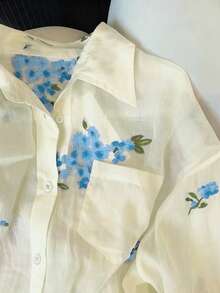 Resyla 女士时尚休闲简约浪漫度假刺绣花卉长袖纽扣衬衫 - 藍色 - 查看 5