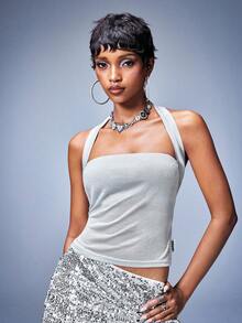 Y2Kool BiGraphic Women's Silver-Hued Reflective Sexy Crop Tank Top Silver Skirt 2000s Style Clothes White Sequin Skirt - White - View 4