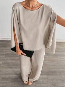 Siren Gaze Minimalist, Loose-Fitting, Flowing Two-Piece Suit For Women; A Sophisticated Summer Choice; Featuring A Top And Wide-Leg Trousers; Simple Yet Elegant Women's Clothing Spring - Apricot - View 6