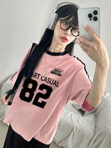 DAZY Camiseta suelta de manga corta con bloqueo de color y estampado de letras para mujer, primavera/verano - Rosa - Ver 4
