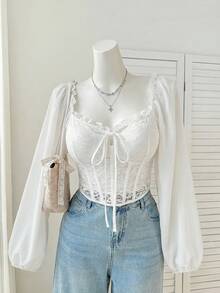 Comfortcana 大码女式灯笼袖蕾丝拼接方领垫肩衬衫，浪漫约会派对必备，白色，秋冬款 - 白色 - 查看 9