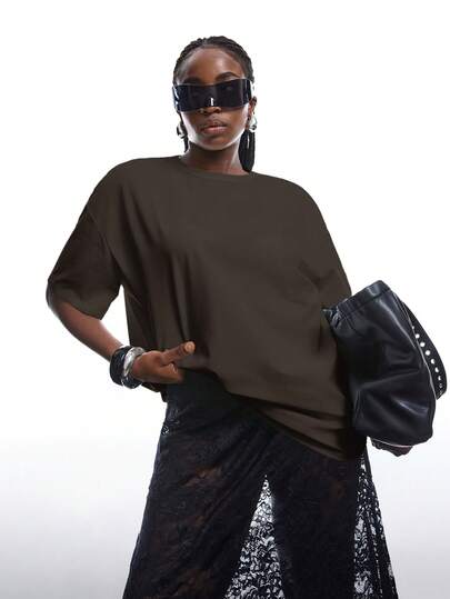 LYSMO Plus Size Casual Solid Color Drop Shoulder Short Sleeve T-Shirt, Summer Women's Oversized T-Shirt