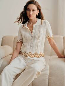 Anewsta Women's Knitted Polo Collar Short Sleeve Pullover Top - White - View 5