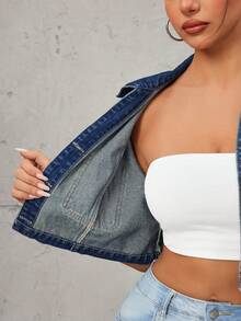 Sweetra Women's Fashionable Street Style Casual Versatile Short Denim Jacket, Summer - Dark Wash - View 5