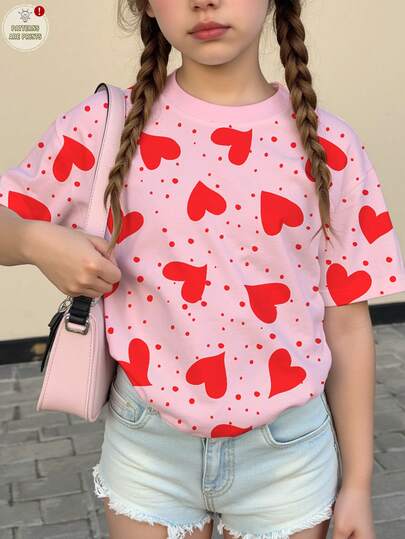 Blusa holgada de cuello redondo con estampado de lunares y corazones de amor para niña preadolescente, adecuada para el verano, uso diario y vuelta al colegio