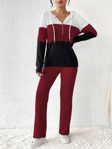 SHEIN LUNE Bộ quần áo trùm đầu và áo liền quần màu sắc thường ngày mùa thu - Đỏ - Xem 4