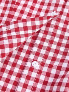 SHEIN 少女休闲度假优雅通勤上学修身翻领无袖褶皱编织蓝白条纹收腰A字纽扣衬衫 - 紅色 - 查看 7