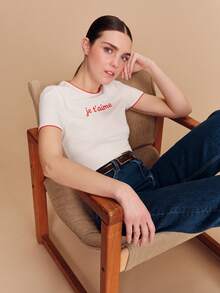 lacRébo White Short Sleeve Tshirt With Red French Embroidered Front 'Je T'aime' Cute Romantic Valentines French Style Parisian Style Slogan Tee Vacation Outfit Valentines Day Spring Summer - White - View 6