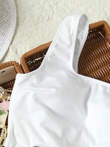 Swim SXY New Women One-Piece Swimsuit, Black & White Patchwork Halter Tie-Up Swimwear - Black and White - View 3