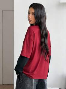 Coolane Áo thun dài tay dáng rộng bằng cotton in họa tiết, phong cách đường phố mùa đông/thu dành cho nữ, kiểu dáng thường ngày, hippie, preppy, grunge, punk, goth. - Màu Đỏ Sâu - Xem 7