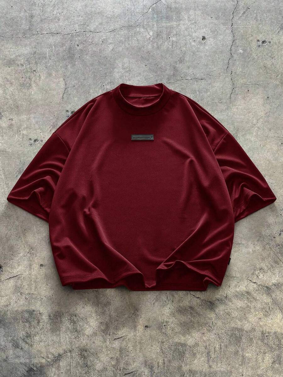 SWAVVY Áo thun nam dệt kim tay ngắn, màu trơn, dáng rộng, phong cách thường ngày - Màu Đỏ Sâu - Xem 1