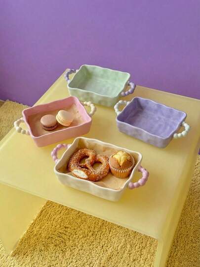 Joivida 1个，马卡龙色双耳烤盘，撞色珠饰小把手，陶瓷餐具，方形烤盘/烧烤盘/沙拉盘/水果盘/意面盘/奶酪盘，适合家庭/餐厅/送礼，可用于微波炉