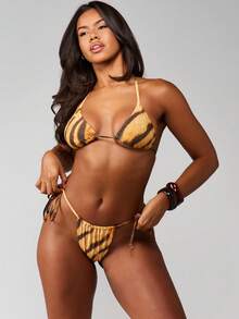 MISSGUIDED Tiger Print Side Tie Triangle Bikini Bottom High Rise Summer Beach Swimwear With Animal Pattern Print Inspired Design - Multicolor - View 4