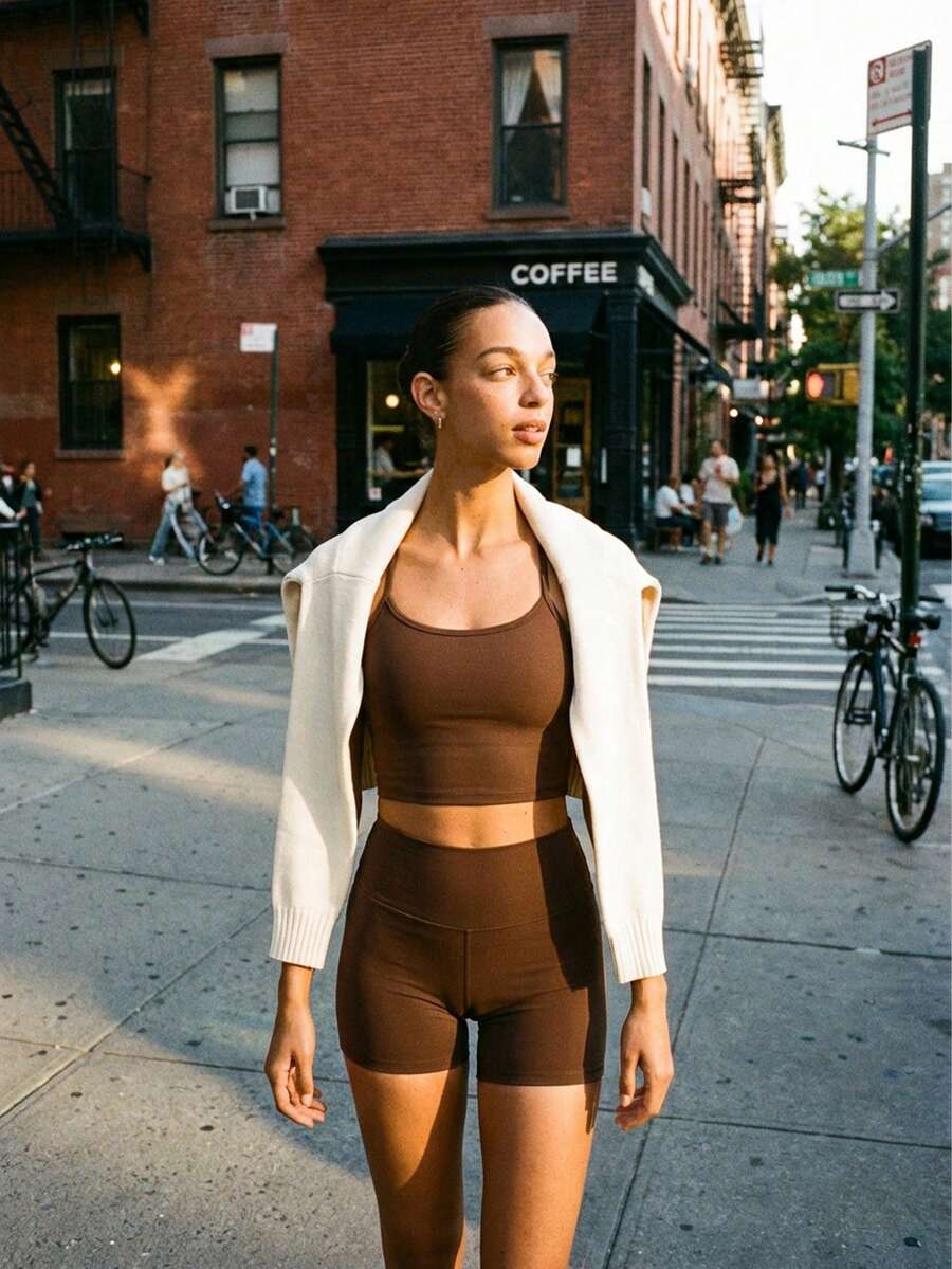 Menodora SHEIN Sport 一套纯色露背吊带上衣和短裤，瑜伽/健身服