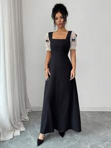 Elenzga 女士优雅通勤连衣裙，蝴蝶结装饰泡泡袖，夏季 - 彩色 - 查看 5