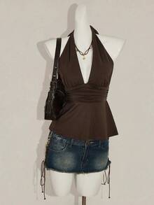 SHEIN ICON Y2k Women's Going Out Boho Brown Halter Backless Babydoll Tank Top Spring To Summer - Brown - View 4