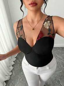 SHEIN Elenzya Áo kiểu nữ cỡ lớn thanh lịch, thường ngày, phối lưới, hở lưng, dây buộc, không tay, cổ chữ V sâu, thích hợp đi làm. - Nhiều màu - Xem 6