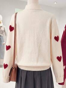 SHEIN Franclia Romantic Valentine's Day Themed Red Stand-Up Collar Pullover Sweater With A Versatile Heart-Patterned Jacquard Design. Features Stylish And Versatile Buttons. Long-Sleeved, Round-Neck, Red Heart-Patterned Jacquard Pullover Sweater. Elegant And Slim-Fitting Evening Wear. Suitable For Women's Elegant Dresses, Wedding Guest Wear, Wedding Party Wear, Valentine's Day Pullover Sweater, Valentine's Day Attire, And Elegant Party/Birthday Tops. - Beige - View 3