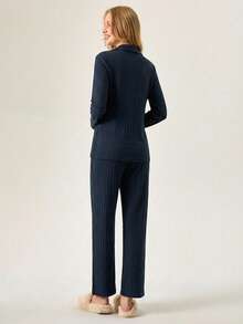 Loomlin 100%Cotton Shirt Style Buttoned Striped Dark Blue 2 Pieces Pajama Set - Navy Blue - View 2